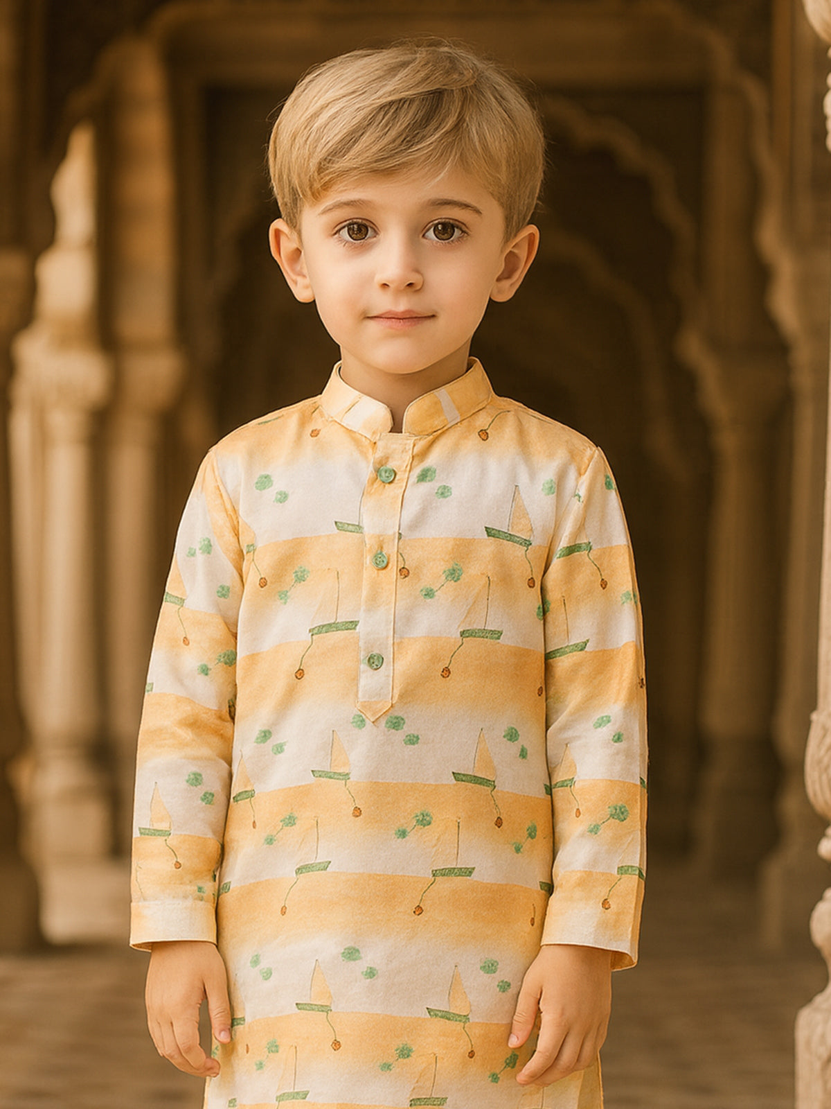 Peach cotton silk kurta suit with print