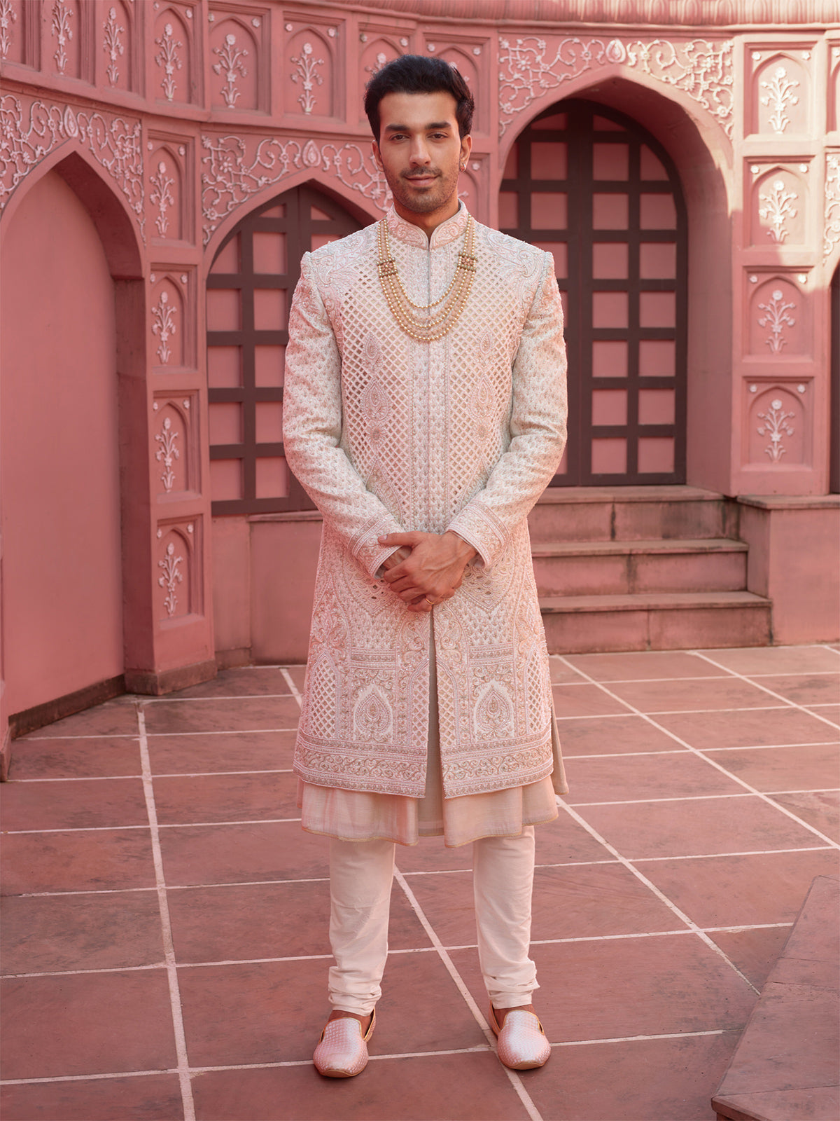 Peach embroidery sherwani in silk