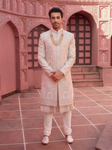 Peach embroidery sherwani in silk