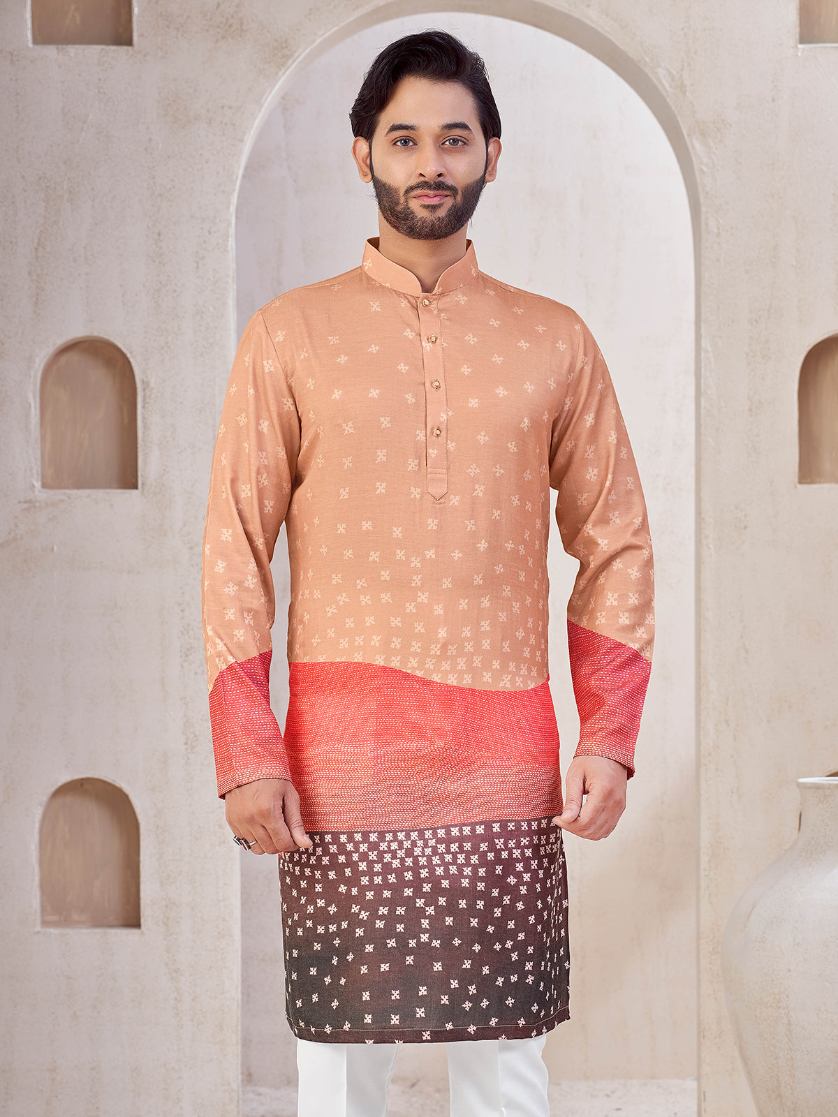 Peach festive wear cotton kurta suit with print