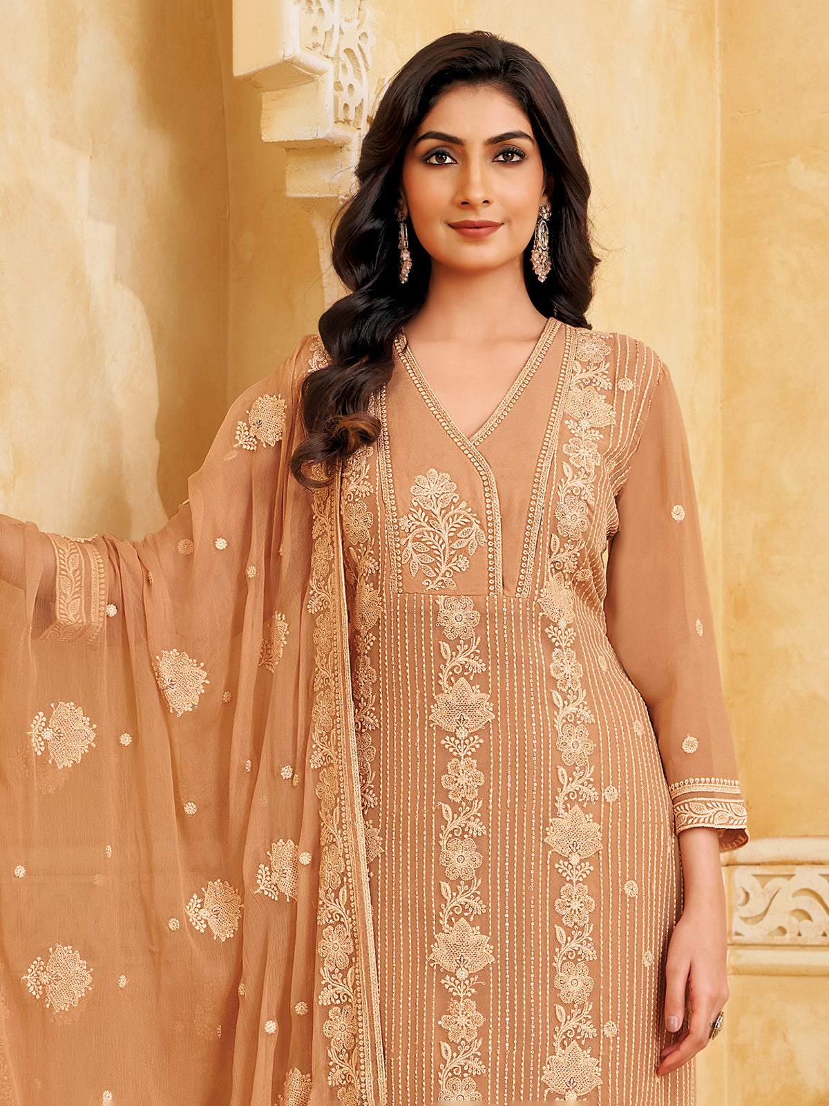 Peach georgette salwar suit with thread detailing
