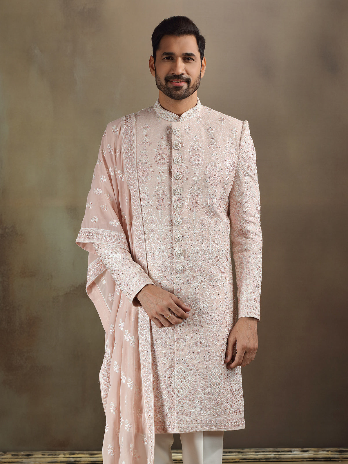 Peach georgette sherwani with dupatta and wedding wear