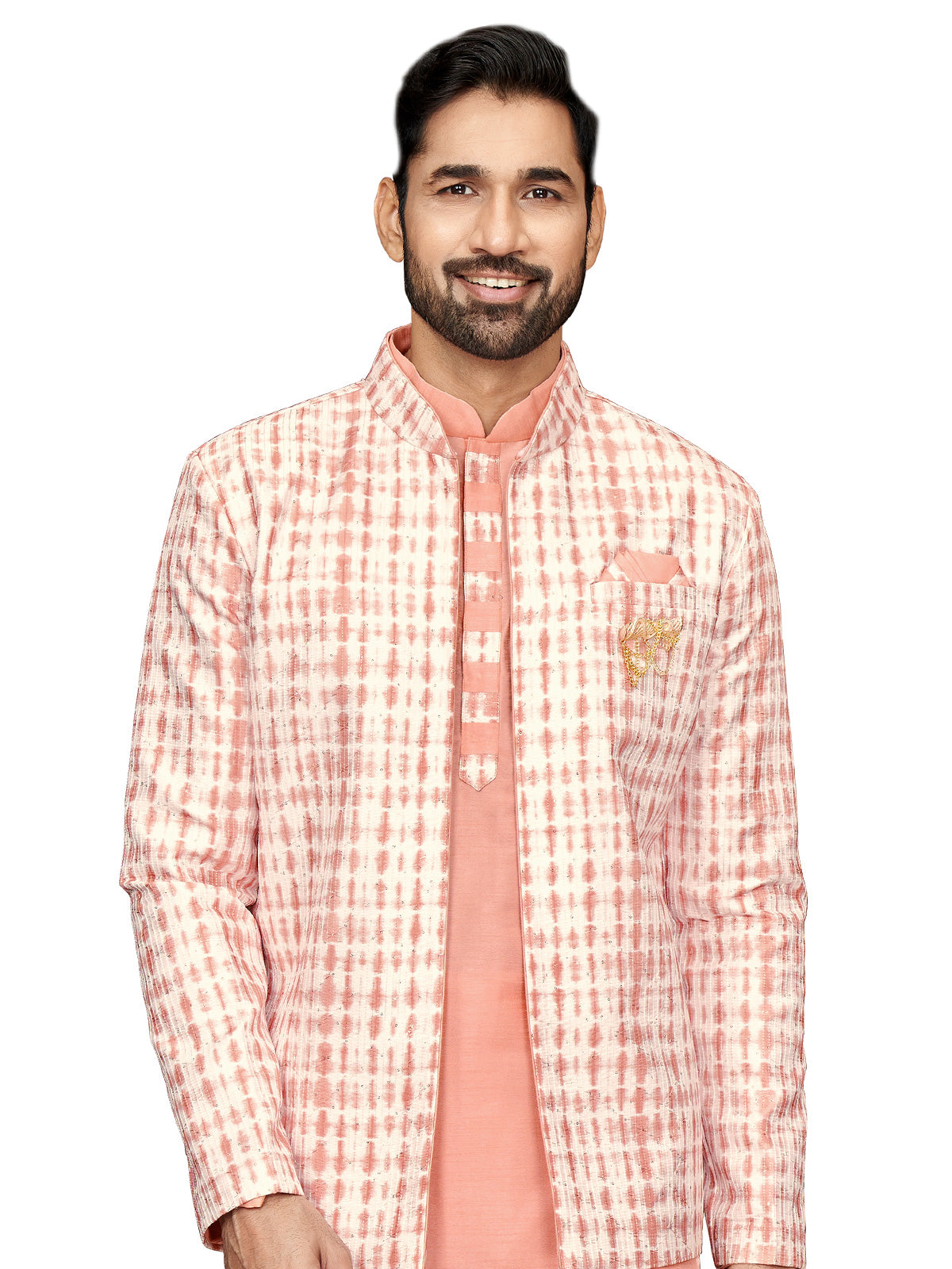 Peach printed indowestern in silk