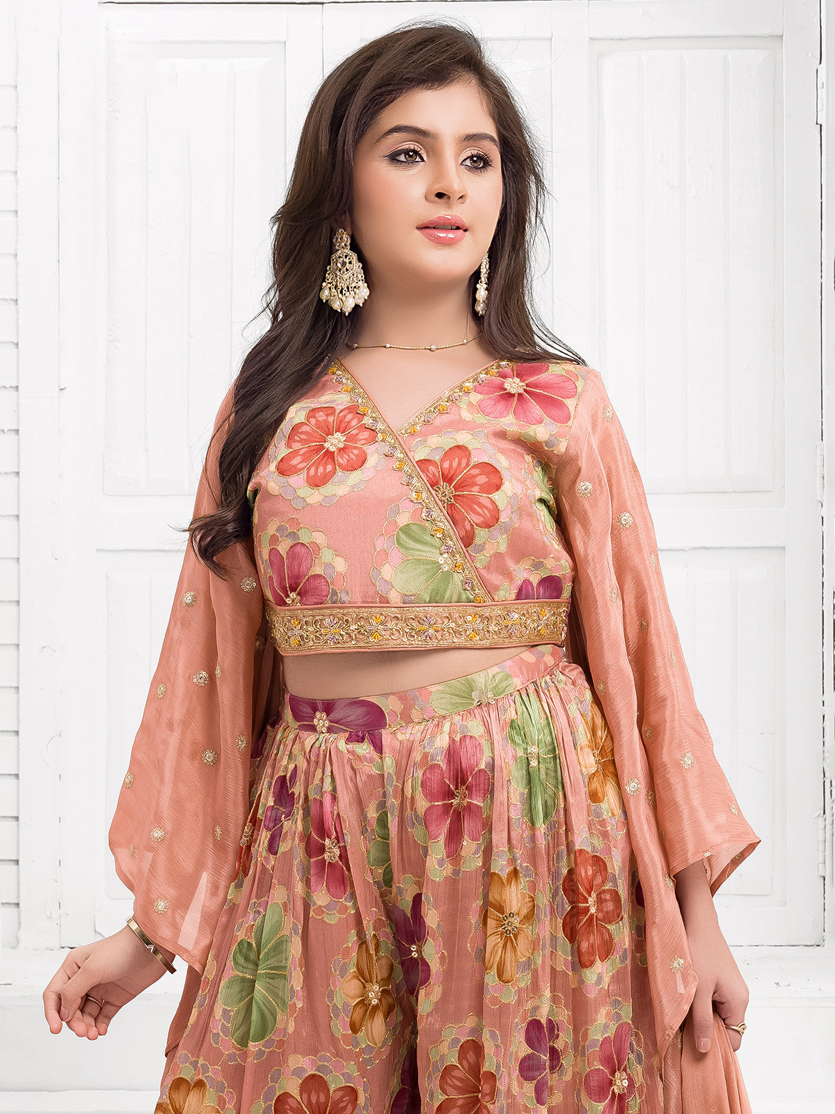 Peach printed silk palazzo suit with dupatta