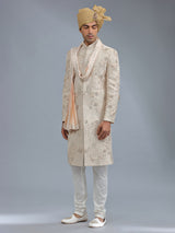 Peach raw silk groom style sherwani for men