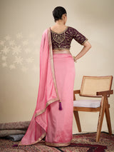 Peach silk festive wear saree with brown blouse