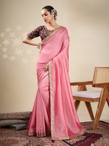 Peach silk festive wear saree with brown blouse
