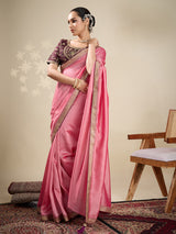 Peach silk festive wear saree with brown blouse