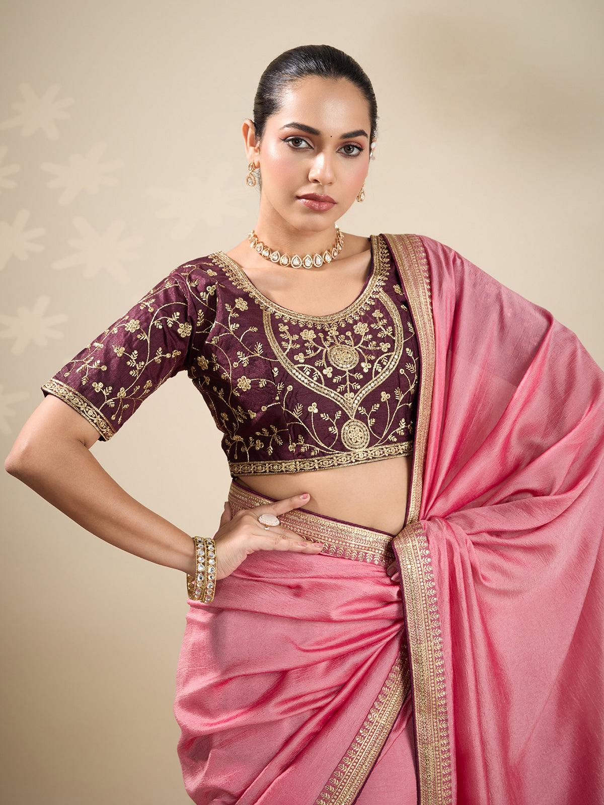 Peach silk festive wear saree with brown blouse