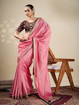 Peach silk festive wear saree with brown blouse
