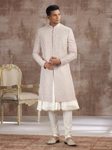 Peach silk peshwai sherwani with graceful accents