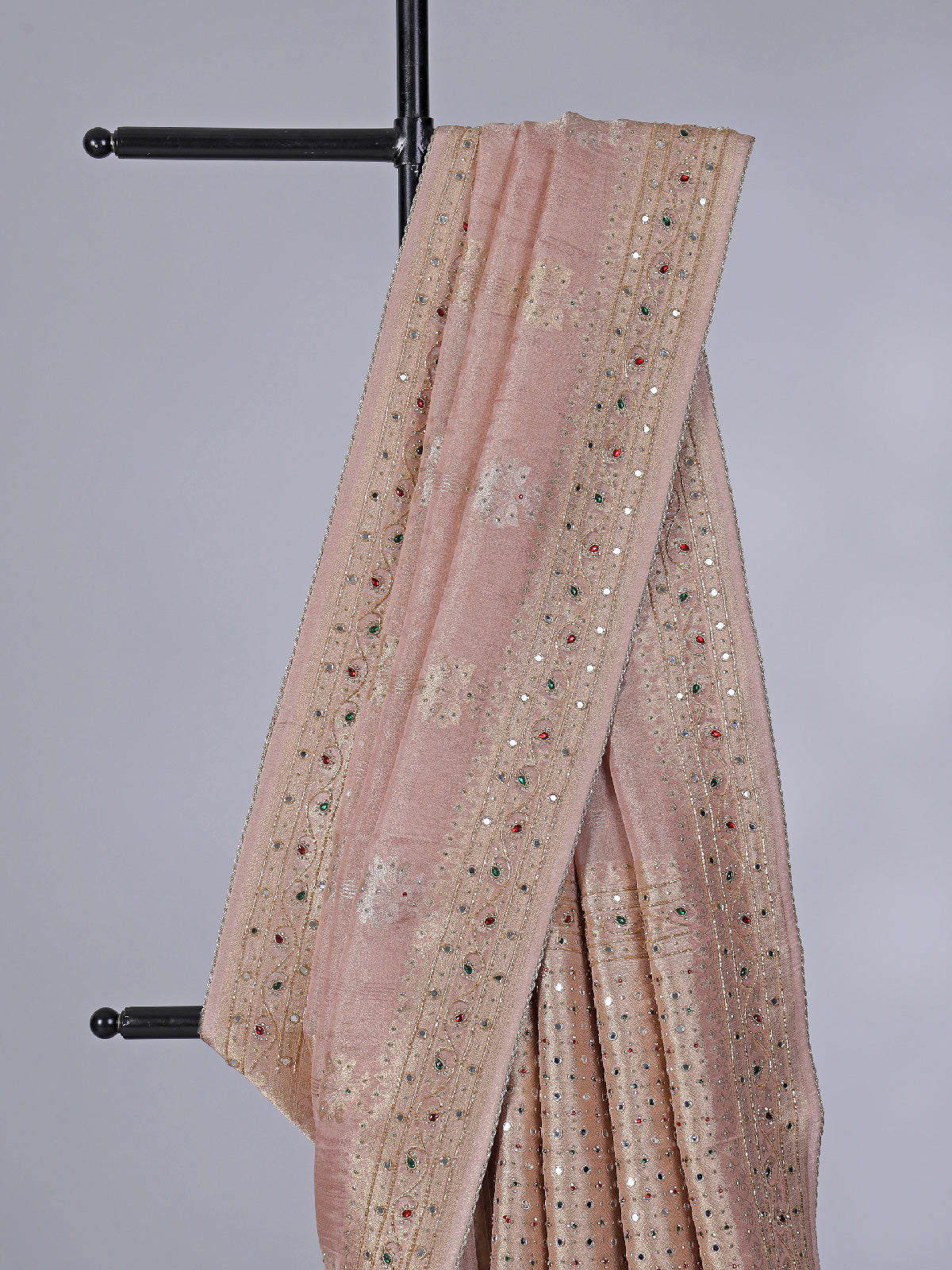Peach tissue silk saree with mirror and zardosi work