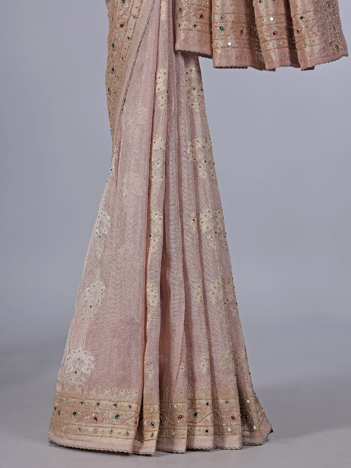 Peach tissue silk saree with mirror and zardosi work