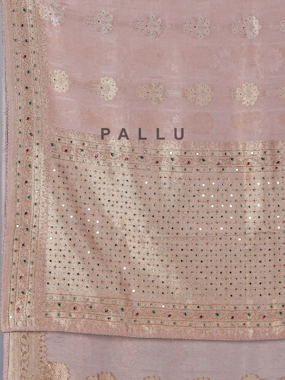 Peach tissue silk saree with mirror and zardosi work