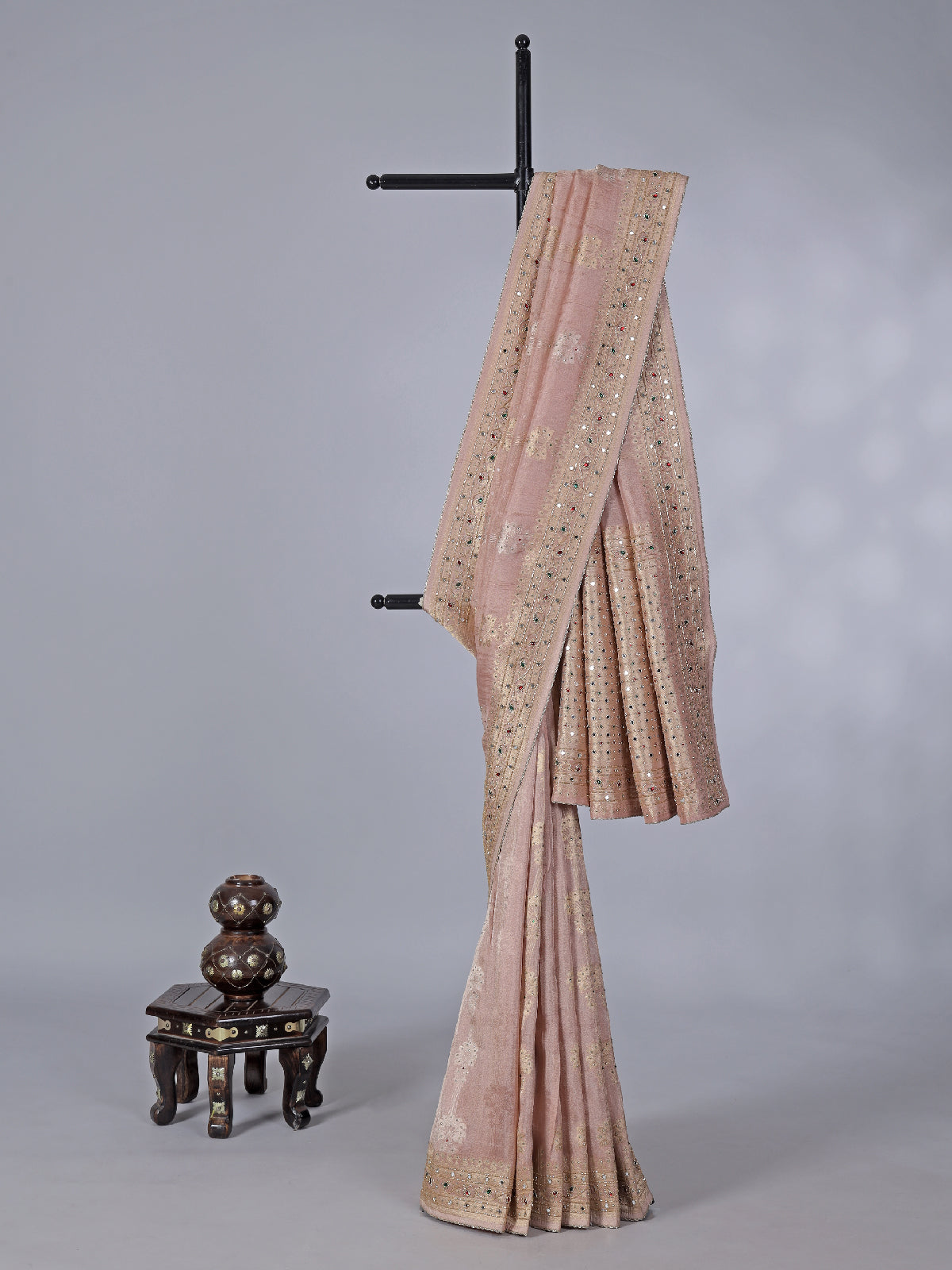 Peach tissue silk saree with mirror and zardosi work