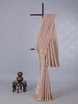 Peach tissue silk saree with mirror and zardosi work