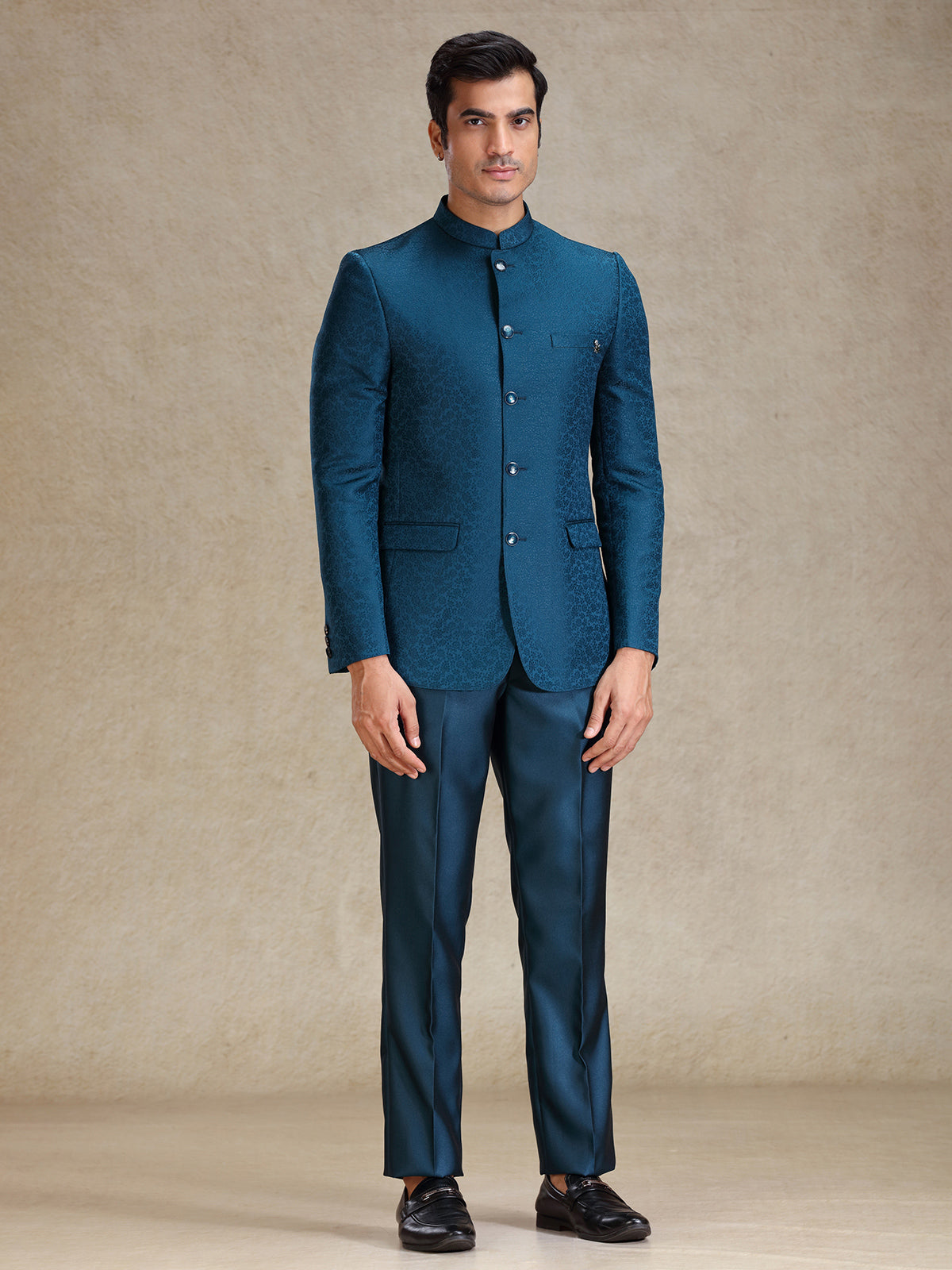 Peacock Blue textured jacquard net bandh gala suit