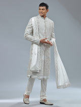 Peshwai style white shrwani with dupatta