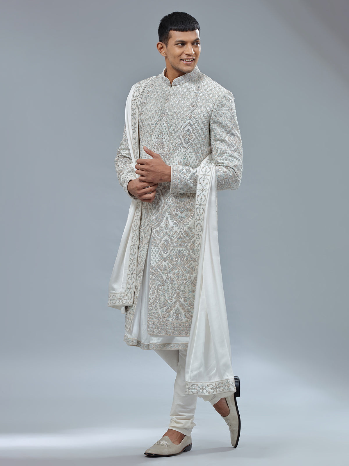 Peshwai style white shrwani with dupatta