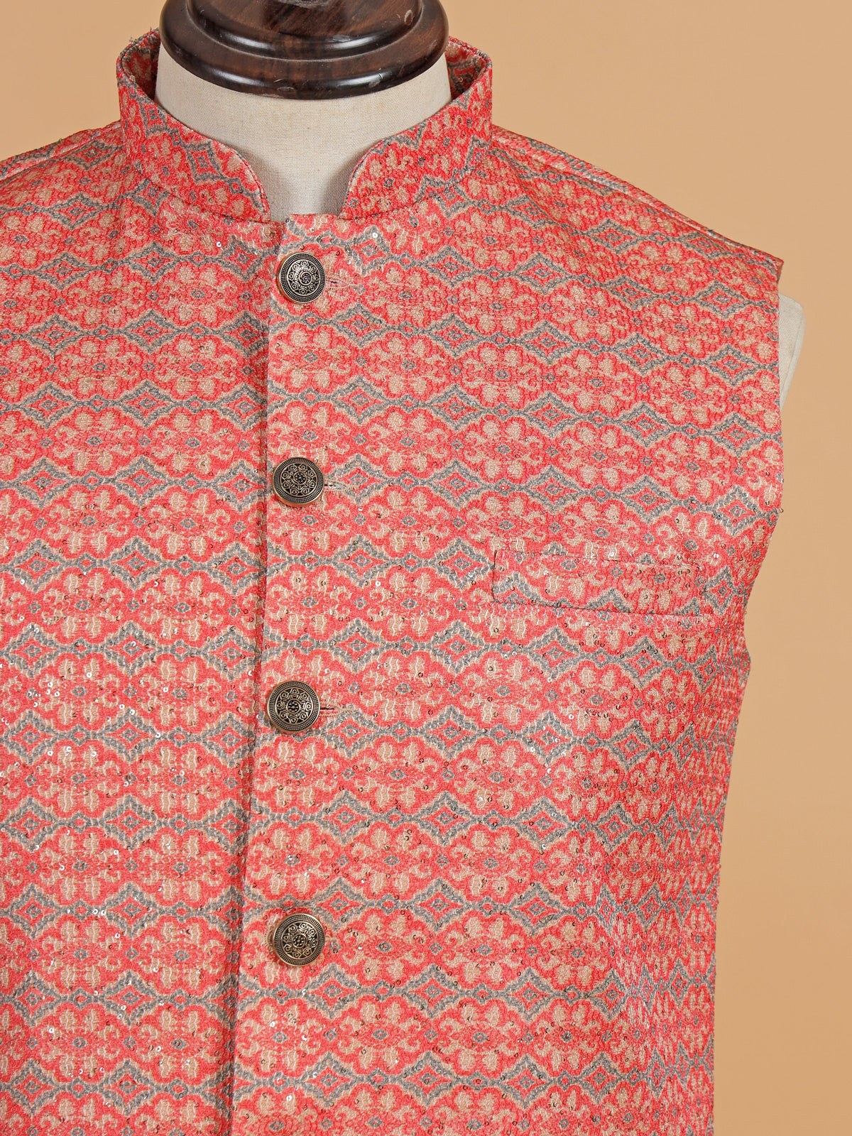 Pink and beige printed cotton silk waistcoat