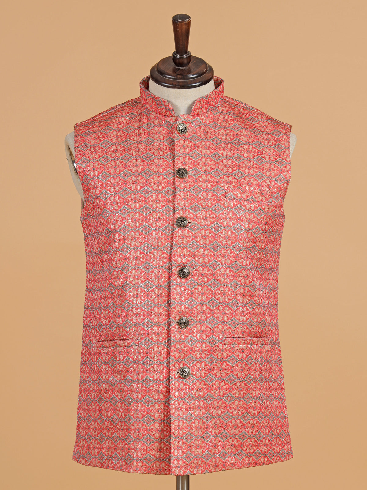 Pink and beige printed cotton silk waistcoat