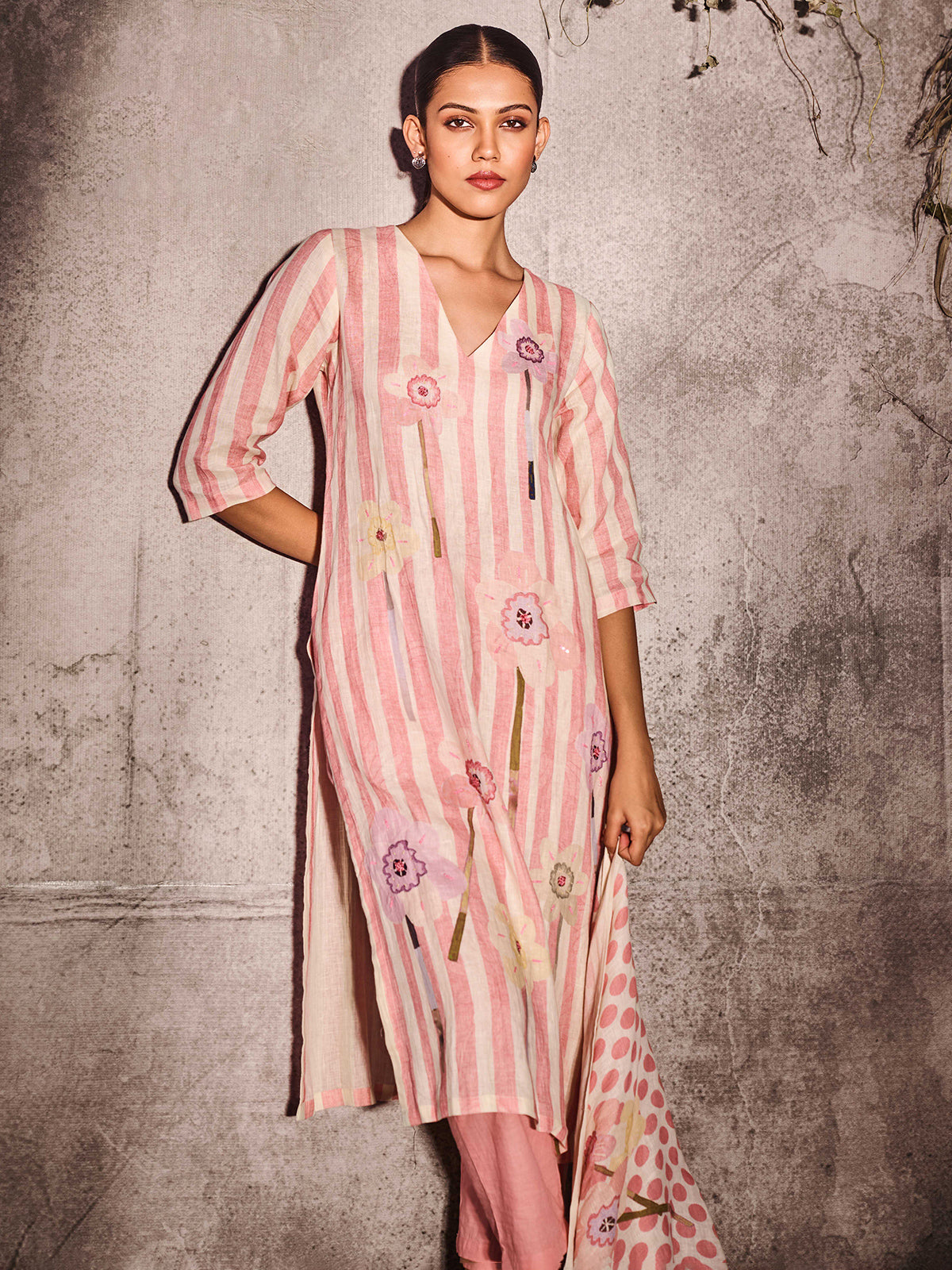 Pink and white cotton kurti set with dupatta