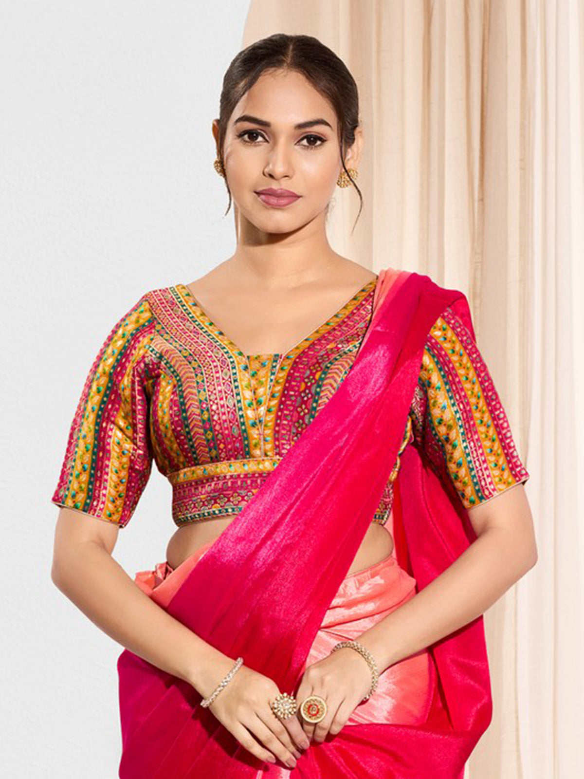 Pink brocade printed V neck blouse for festive wear
