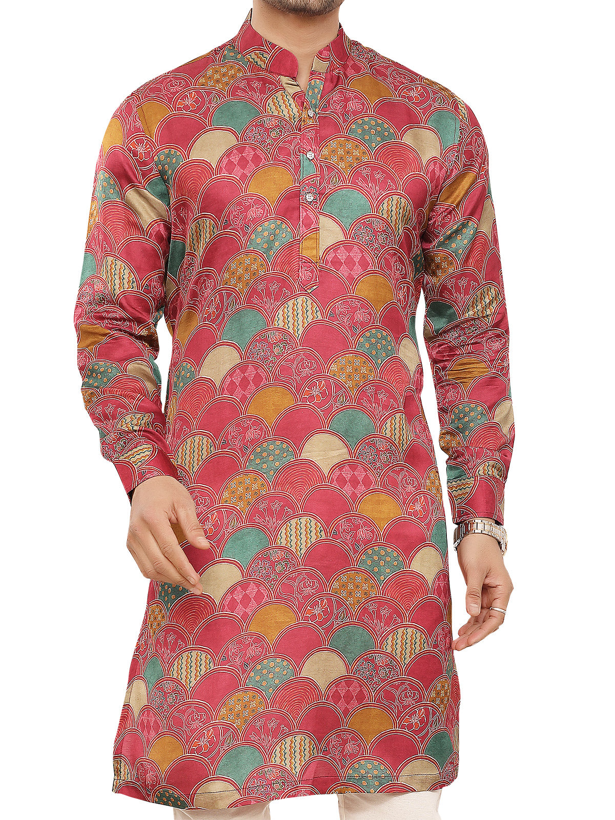 Pink festive wear printed mens kurta