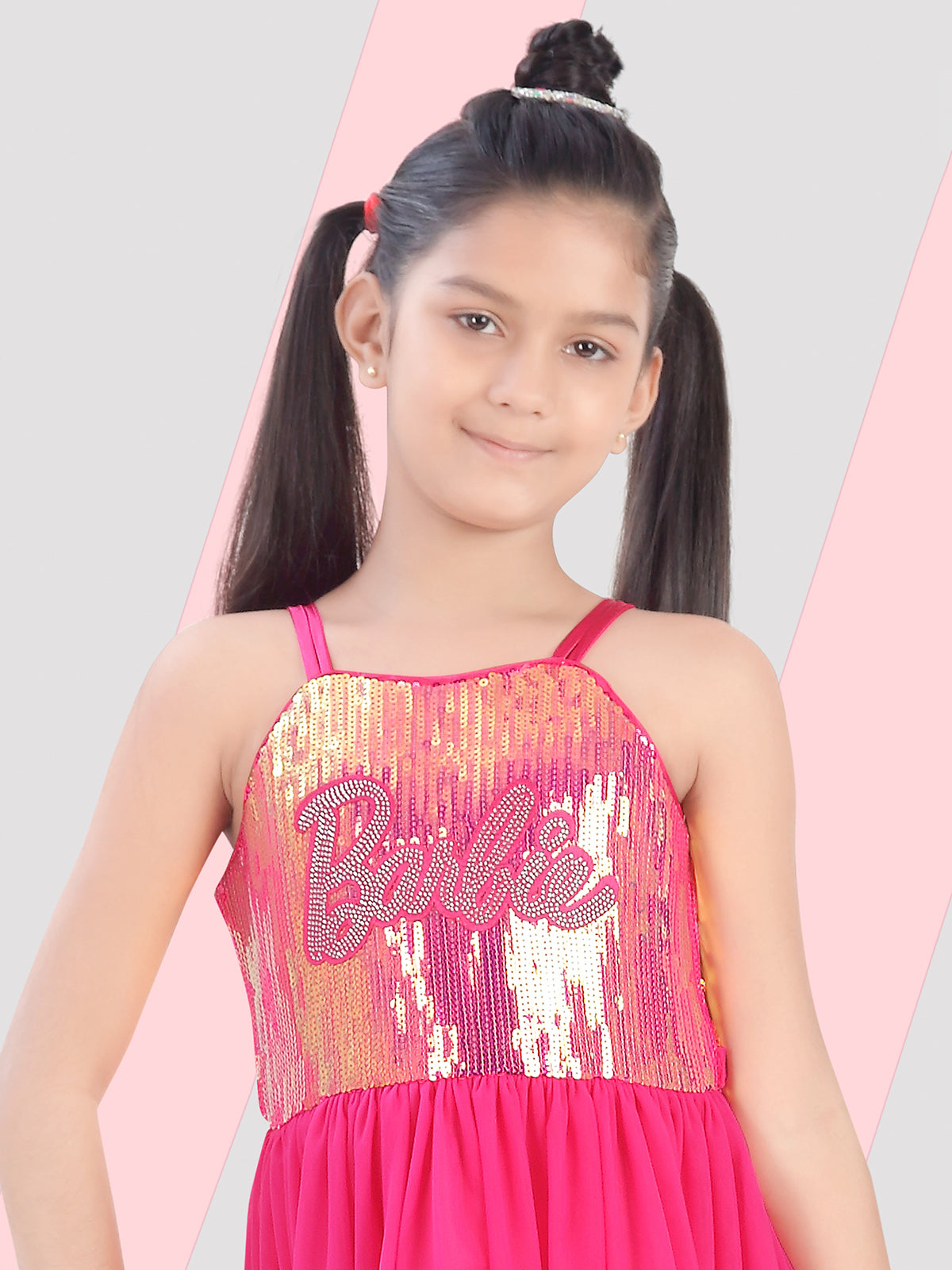 Pink georgette frock with sequins and square neck