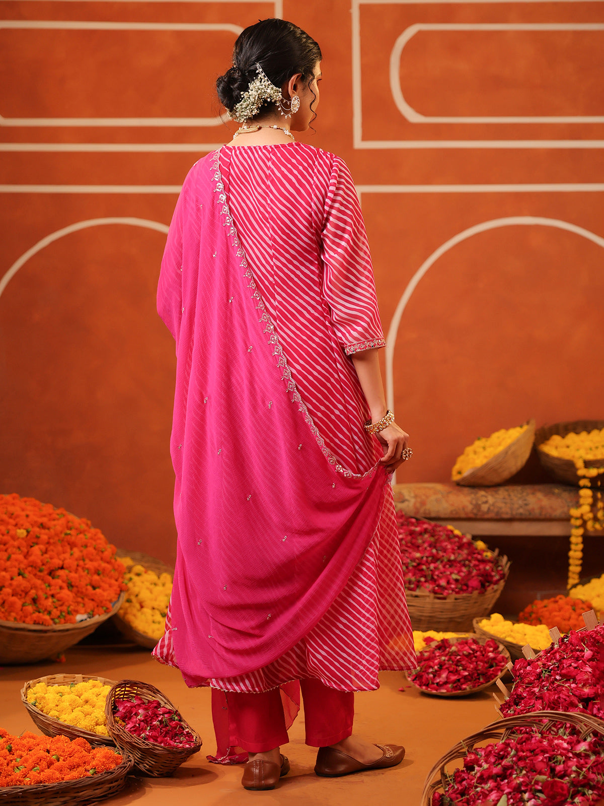Pink georgette printed kurti set with dupatta