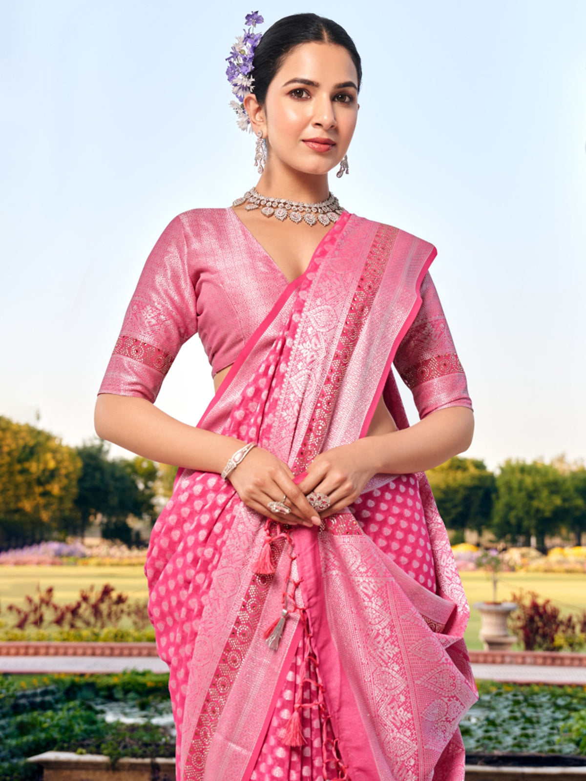 Pink georgette saree with swarovski