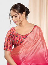 Pink jacquard printed round neck elbow sleeve blouse