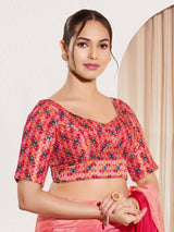 Pink jacquard printed round neck elbow sleeve blouse