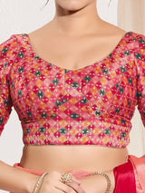 Pink jacquard printed round neck elbow sleeve blouse