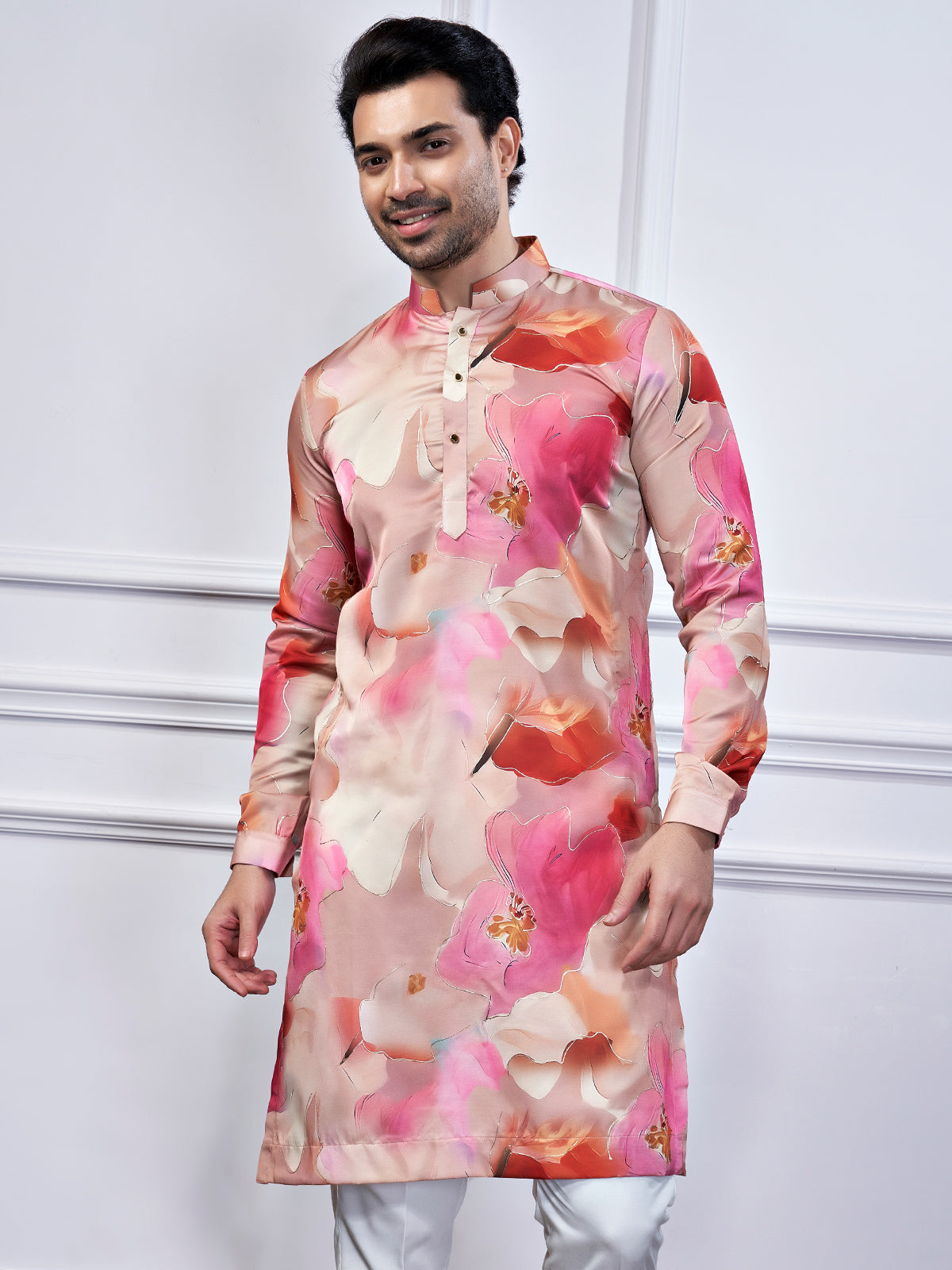 Pink printed cotton kurta suit for festive wear