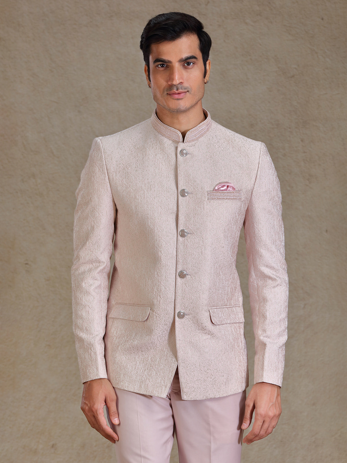 Pink resham weaved jodhpuri for reception