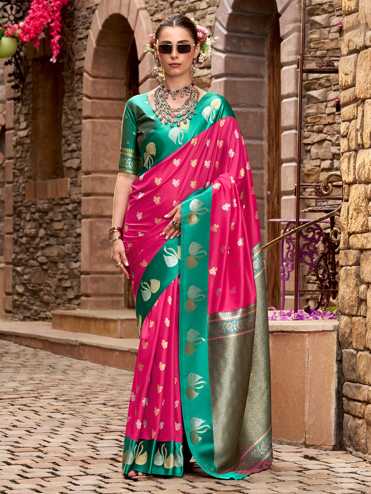Pink satin silk woven zari beauty