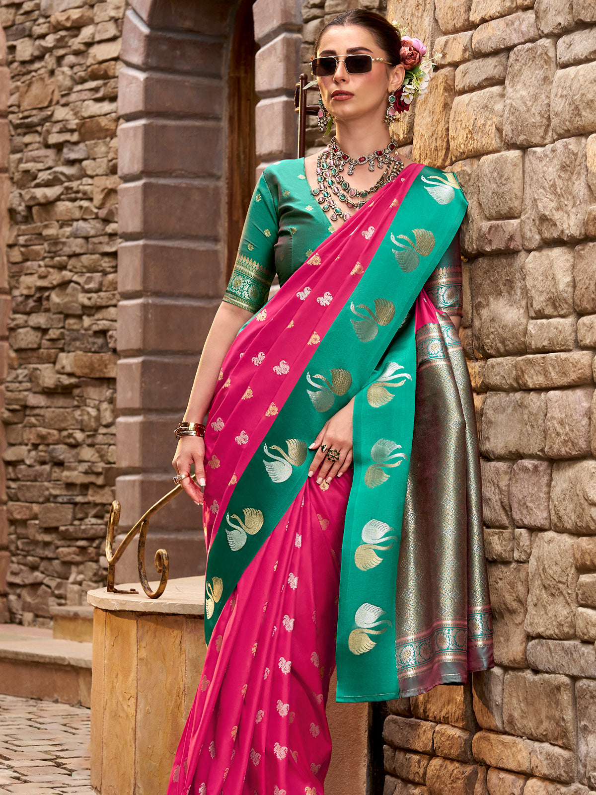 Pink satin silk woven zari beauty