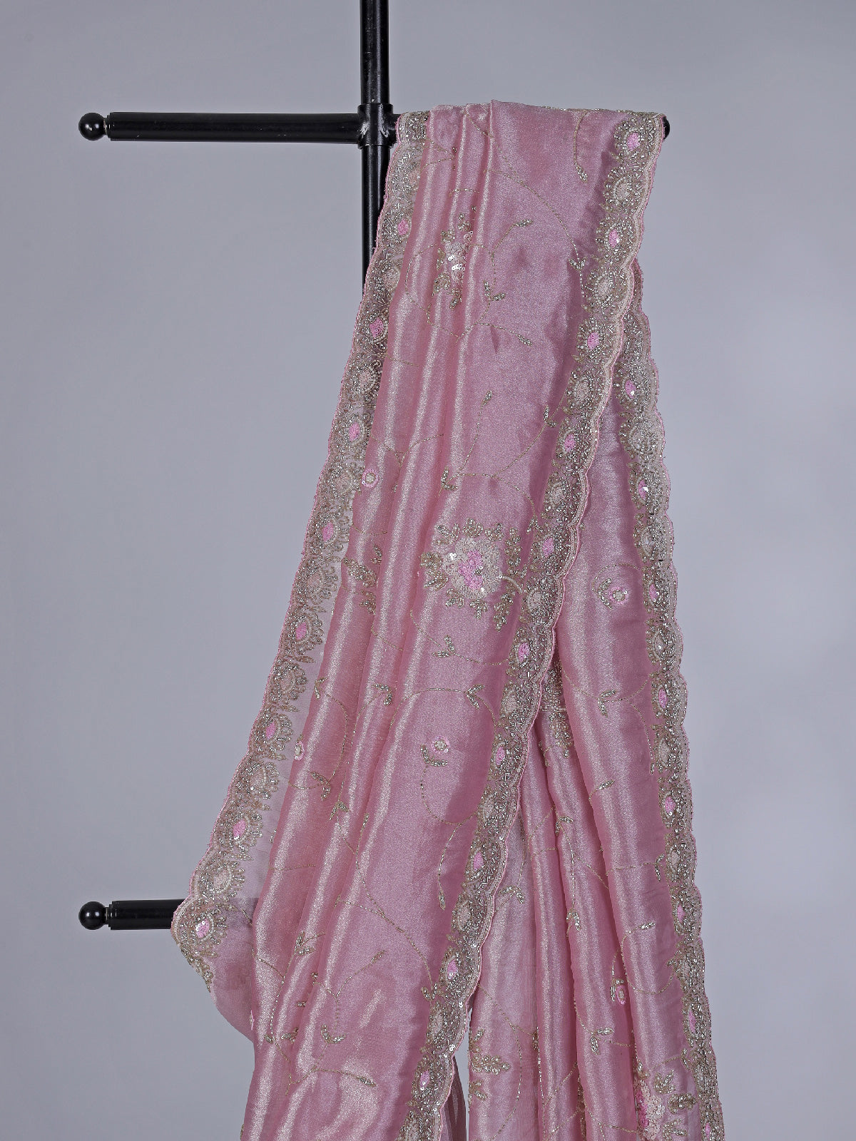 Pink semi tissue silk saree with festive handwork