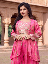 Pink silk jacket style aabla embroidered palazzo suit