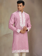 Pink jaquard silk kurta suit with thread embroidery