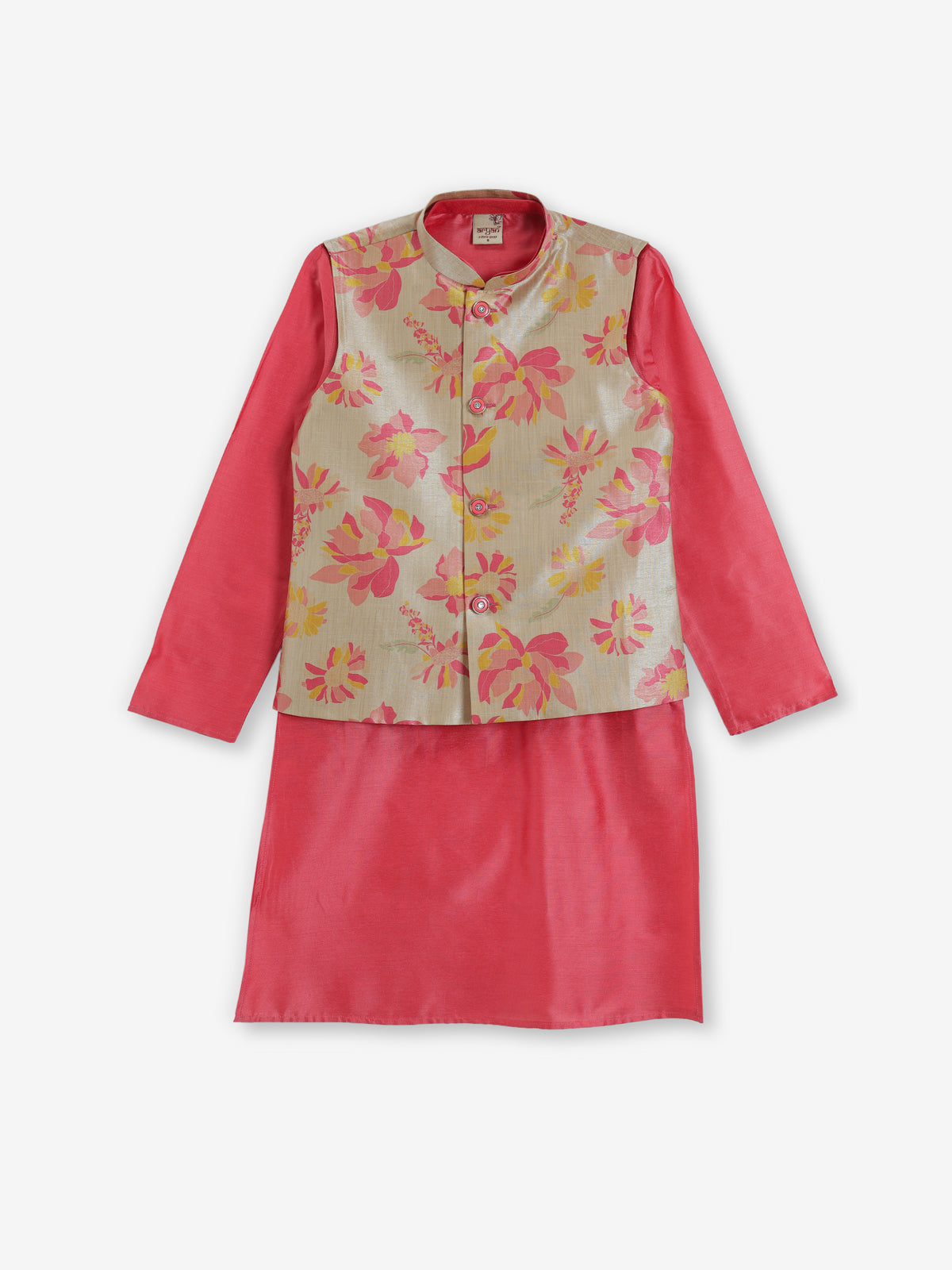Pink silk printed chinese collar waistcoat set