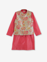 Pink silk printed chinese collar waistcoat set