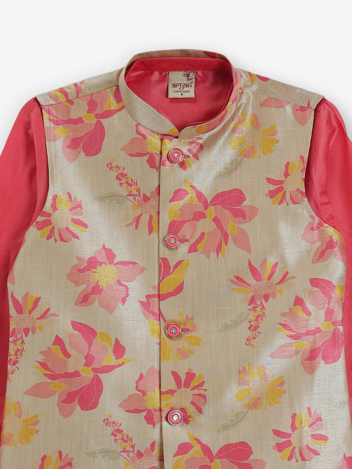 Pink silk printed chinese collar waistcoat set