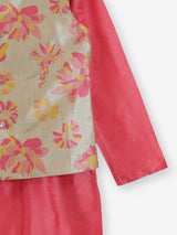 Pink silk printed chinese collar waistcoat set