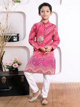 Pink silk printed kurta suit for festive wear