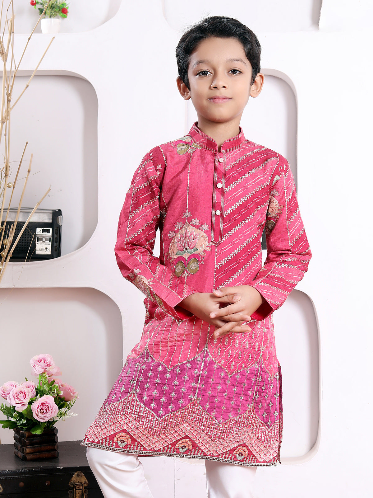 Pink silk printed kurta suit for festive wear