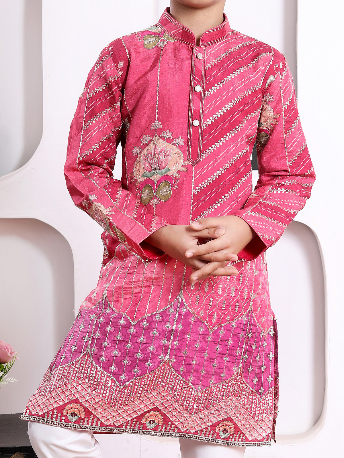 Pink silk printed kurta suit for festive wear