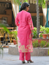 Pink silk printed kurti set with aabla work