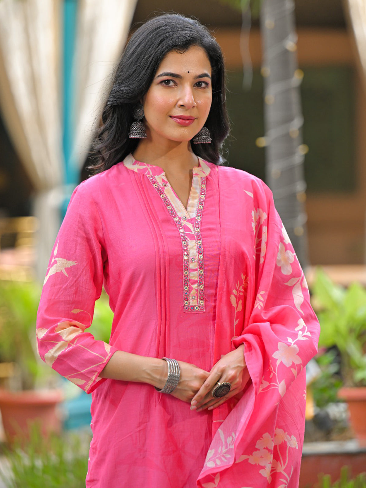 Pink silk printed kurti set with aabla work